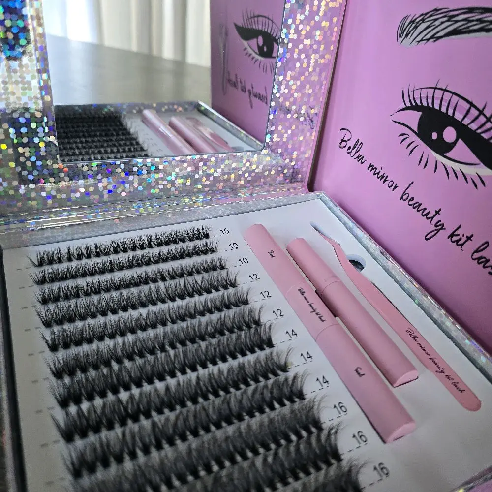 Bella Mirror Lash Complete Eyelash Extension Cosmetic Set - Professional DIY Eyelashes Kit with Glitter Accents, Brush, Pink Storage Case, Tools, Lightweight Compact Beauty Products for Pros, Makeup