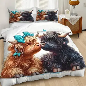 Highland Cow Adorable 2/3pcs Duvet Cover Set,Featuring Fluffy, Thick Fur and Sweet, Interacting Couple Imagery Bedding Set, Exquisite  Design,Soft&Cozy,Soothing and Romantic Bedroom Makeover!Includes 1 or 2 Pillowcase -No Filling/Zipper Closure.