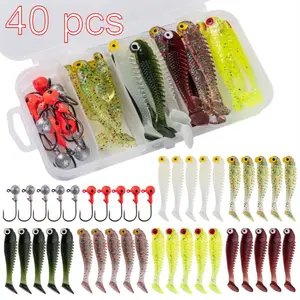 40pcs/Box Soft Fishing Lures Saltwater Fishing Lures Kit Silicone Lure Set Artificial Bait Worm with Crank Jig Head Hook Fishing Tackle Accessories Fishing Equipment