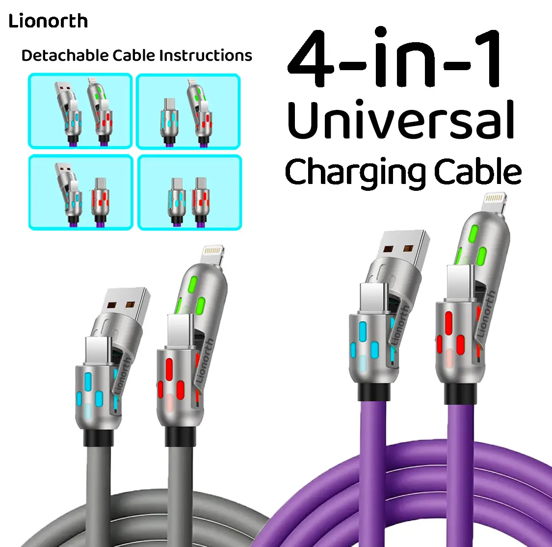 Lionorth Multi-functional 4-in-1 USB Charging Cable – USB A, Type-C, Detachable, and Lightning Connectors for Data Sync of Phones, Tablets, Laptops, a