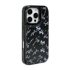 A Blue Bow Pattern Phone Case with Leather Card Slot, Suitable for iPhone 17/16/15/14/13/12 PRO PROMAX PLUS AIR, Ideal Gift for Friends, Family, or Couples, KBPK24