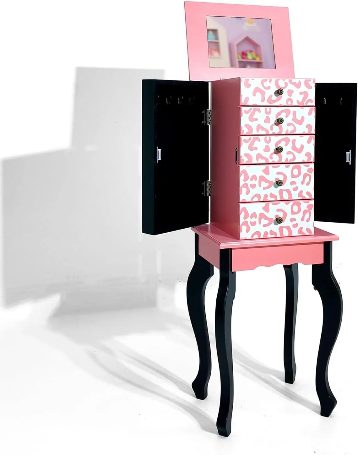 JOYMOR Kids Jewelry Armoire with Top Flip Mirror and Storage Organizer, Standing Jewelry Cabinet with 5 Drawers, Freestanding Jewelry Storage for Girls