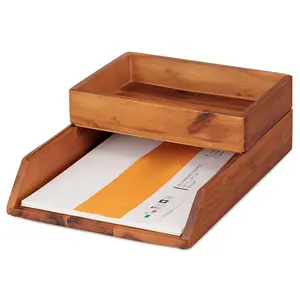 Set of 2 Acacia Wood Desk Organizer Letter Trays Tabletop Paper Storage for Letters Notebooks Copies Stationery Holder