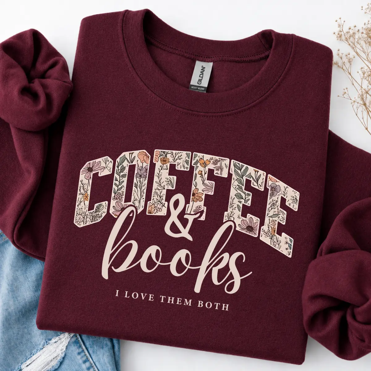 Coffee & Books Floral Sweatshirt, Cute Book Lover Shirt, Book Club Shirt, Teacher Back to School Graphic Crewneck Top WRG Womenswear Pullover