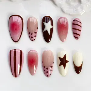 Pink polka dot nails/Y2k press on nails long almond nails/Cute nails/Star nails/Brown striped nails/blush nails/Daily nails/Birthday nails