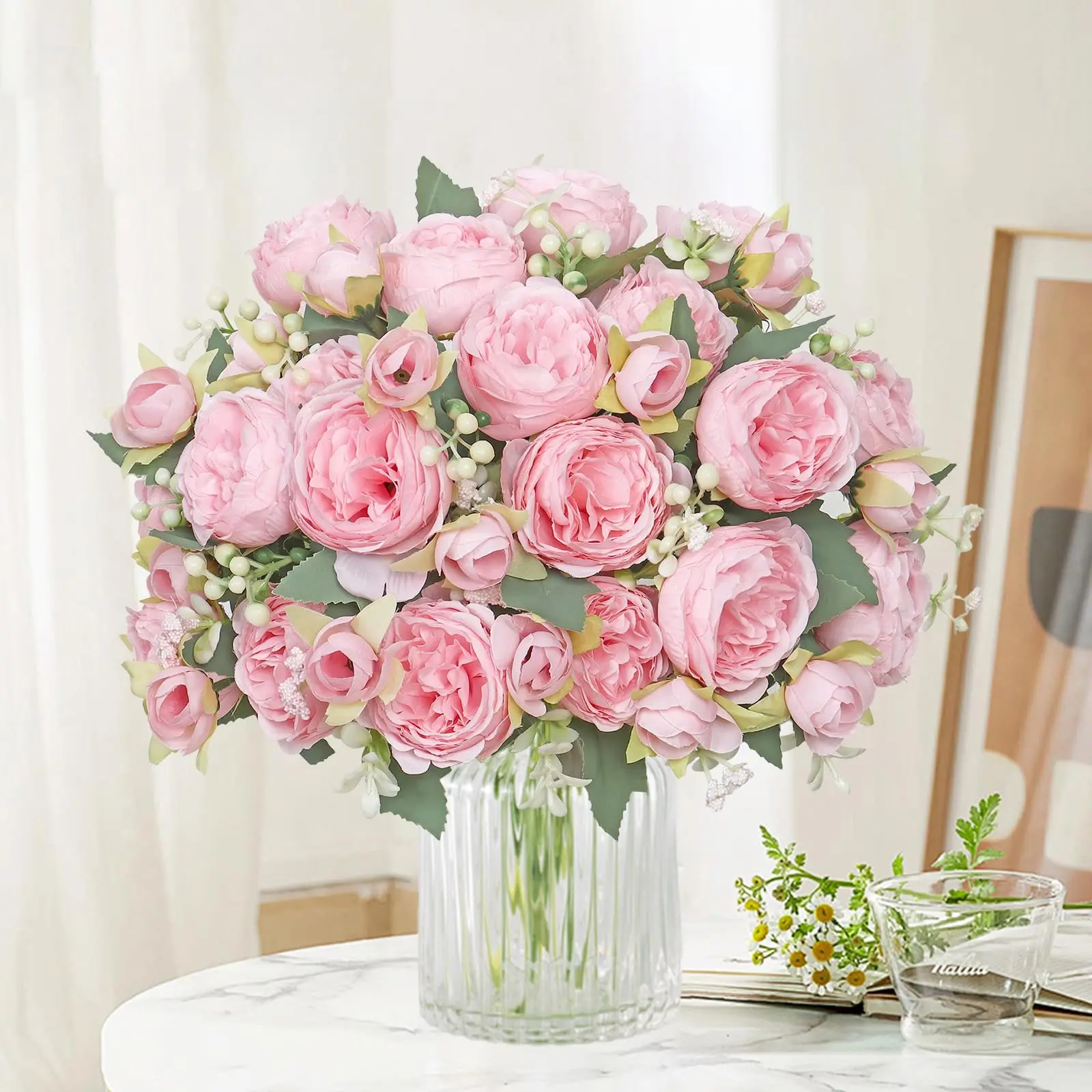 Peonies Decorative Artificial Flowers, Silk Faux Peonies Bouquet, Light, 8pcs, Table, Ideal for Home Decor & Special Occasions