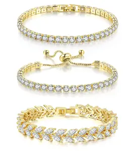 3 Pcs Tennis Bracelet Set 14K Gold Plated Marquise Cubic Zirconia CZ Diamond Dainty Adjustable Silver Bracelets for Women Brides Stackable Fashion Jewelry Wedding Prom Gift