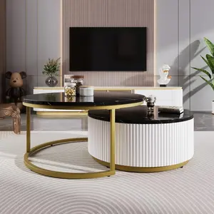 Round Nesting Coffee Table Set of 2 with Storage Drawer and Marbling Tabletop, Perfect for Living Room Apartment, Black
