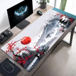 Japanese Ink Wash Mountain Extended Mouse Pad | Red Plum Blossom Sun Desk Mat, Non-Slip Large Gaming Pad for Zen Home Office Decor #InkWashMountainDeskPad #PlumBlossomMat #ZenHomeDecor #GamingMousePad #JapaneseAesthetic