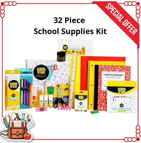 32 Piece Back to School Supply Box for Kids Grades K-5, Complete School Supplies Kit with Markers, Crayons, Pencils, Scissors, Glue, Folders & Notebook