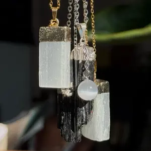 Black Tourmaline & Selenite Crystal Necklaces |Stainless steel Protection & Purification Necklaces