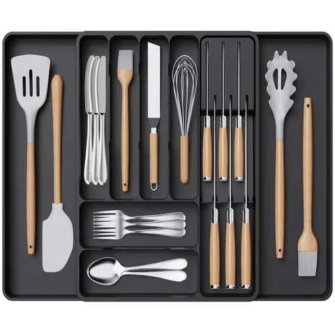Lifewit Food-Grade Plastic Kitchen Silverware Organizer - Expandable, Divided Tray with Removable Block, BPA-Free, Durable, Fits Standard Drawers, Drawer Size & Expandable Size Options, Storage Boxes for Knives & Flatware