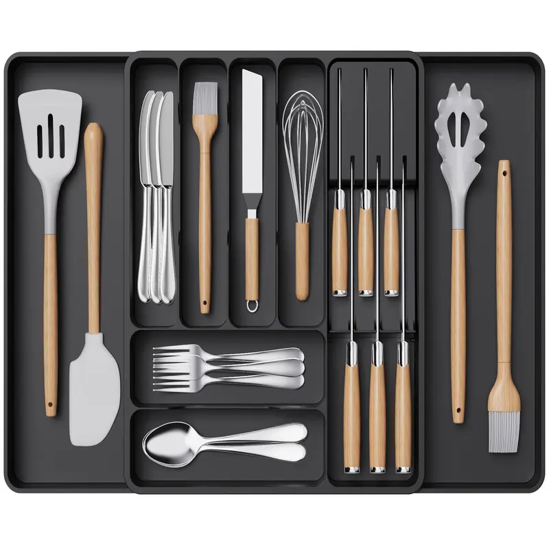 Lifewit Food-Grade Plastic Kitchen Silverware Organizer - Expandable, Divided Tray with Removable Block, BPA-Free, Durable, Fits Standard Drawers, Drawer Size & Expandable Size Options, Storage Boxes for Knives & Flatware