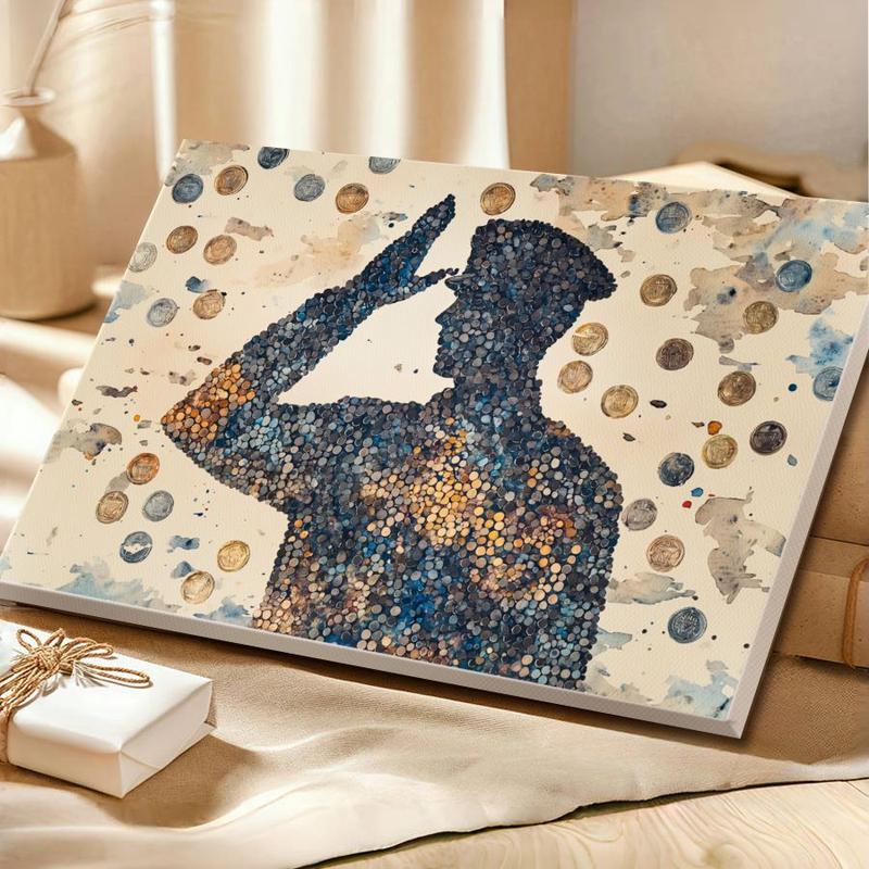 watercolor mosaic composed entirely of tiny painted military medals that form a larger image of a saluting silhouette when viewed from a distance, Wrapped Framed Canvas Wall Art, Vintage Prints Poster - Framed, Horizontal Decor Wood