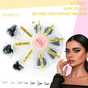 Mixed Length Individual False Eyelashes,1000 Pcs per box, Sharp Narrow Stem, Thickness 0.05mm,8D/10D/12D/14D/16D/18D/20D,Curl C / D, 8-15mm Mix, Salon & Home Use Daily Life & Party & Music Festival