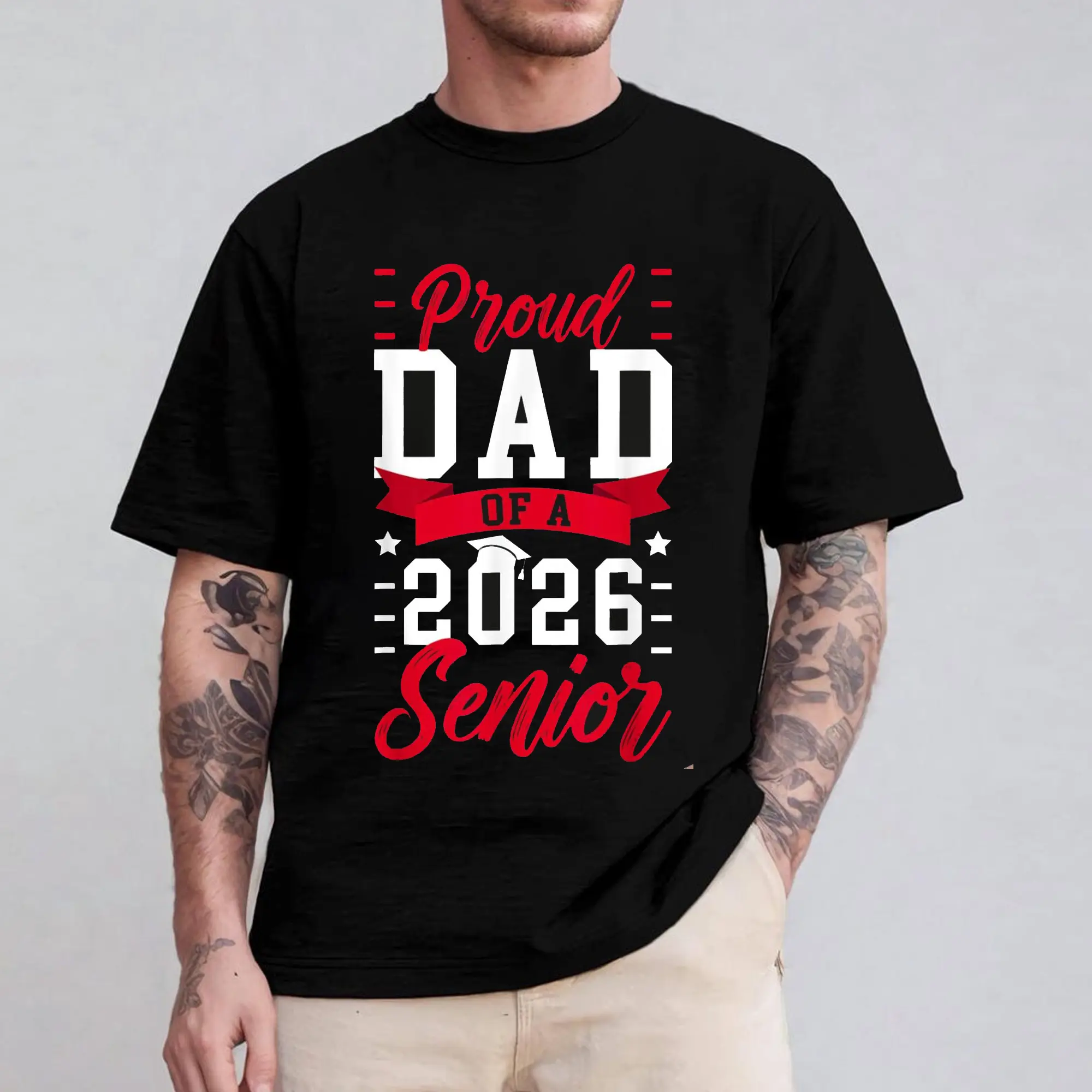 Men's 100% Cotton Vintage Short-Sleeve Round Neck Graphic Streetwear T-Shirt - Proud Dad Of A 2026 Senior Graduate Top