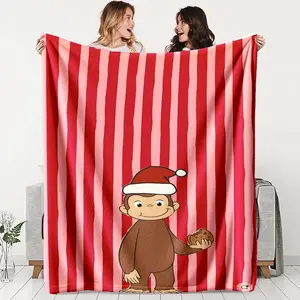 Christmas Curious George Blanket, Striped Flannel Blanket, Multi-Color Polyester Fabric, Perfect for Sofa Naps & Christmas Decor, Ideal Gift for Fans