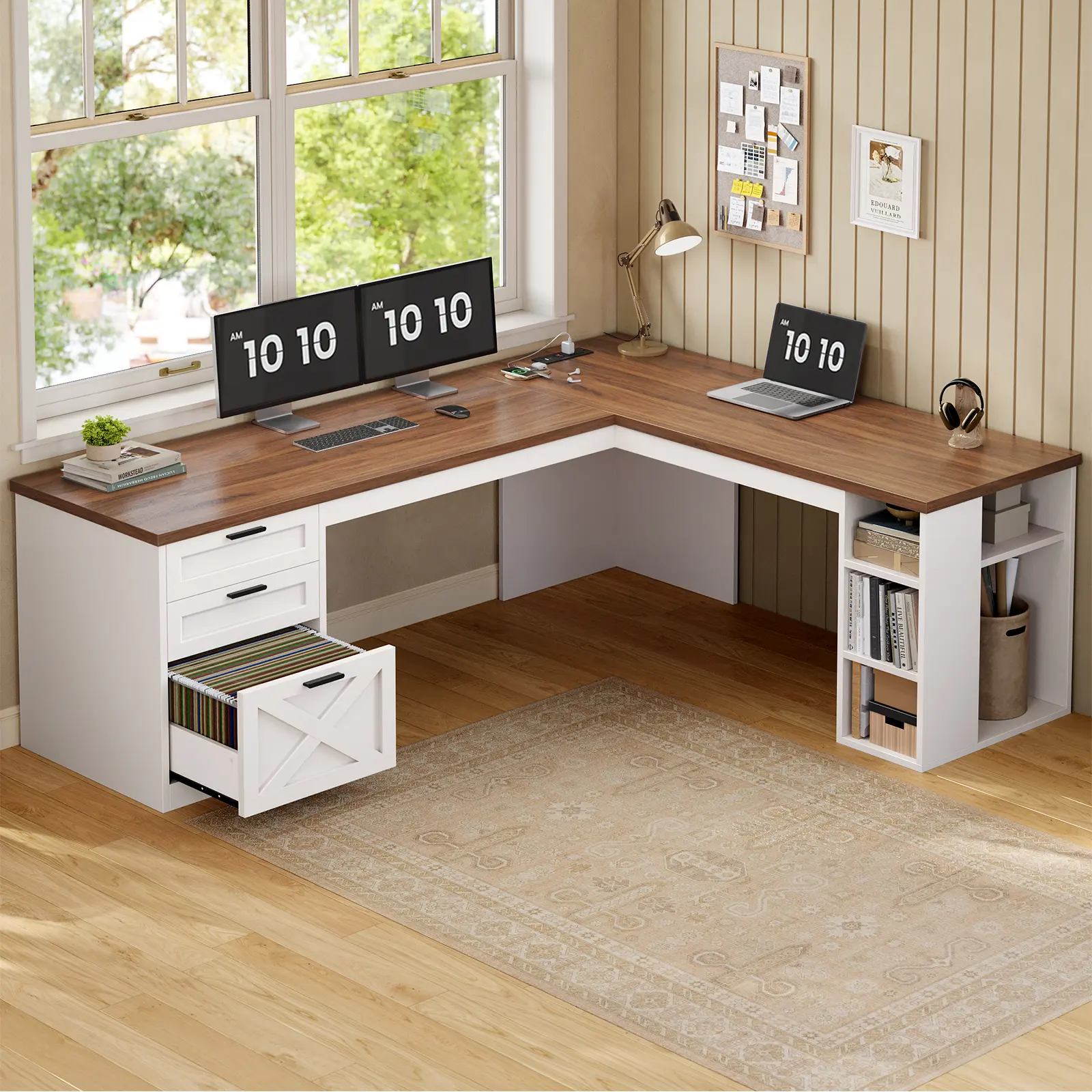 Sedeta 67" L-Shaped Modern Farmhouse Wood Desk - Commercial Office Furniture, 3 Easy Drawers, Monitor Shelf, Power Outlets, Stable Base, White Durable Wood Workstation