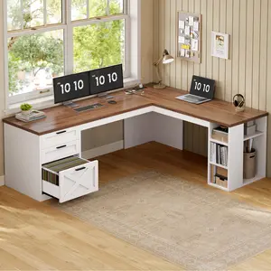 SEDETA Farmhouse 67" L Shaped Desk with 3 Drawers, Home Office Desks with Storage Shelves, White Corner Computer Desk with Power Outlets for Home Office，Executive Desk