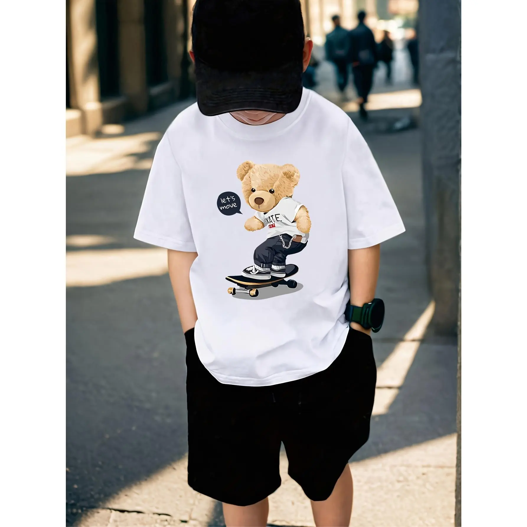 Boys' "Little Bear Skateboarding" Printed 100% Cotton Summer T-shirt - Breathable Elastic Round Neck Top with Geometric Pattern Design for Youth, Suitable All Seasons # men unisex christian boy t shirt cute toddler romper cartoon