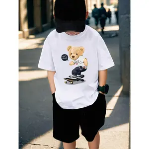 Boys' "Little Bear Skateboarding" Printed 100% Cotton Summer T-shirt - Breathable Elastic Round Neck Top with Geometric Pattern Design for Youth, Suitable for All Seasons