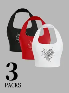 Women's Spider Web Print Halter Neck Tank Top Set, Backless, Slim Fit, Y2K Style, Breathable Material, Perfect for Summer