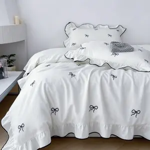3-piece embroidered bow tie quilt cover set, Duvet cover sets, 1pc duvet cover + 2pcs pillowcases (without comforter and pillow insert), 100% polyester fabric, suitable for Single, Double, and Queen sizes, usable all year round, machine washable