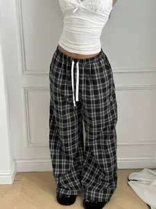 Women's Plaid Patchwork Loose-Fit Straight Leg Casual Fashion Pants, Casual All-Season Wear, Comfortable Everyday, Versatile Graduation & Back-To-School Apparel,Airport Outfit