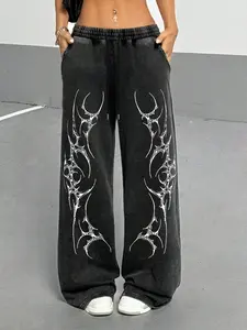 Women's Casual Drawstring Wide Leg Pants with Pockets, Water Washed Vintage Design, Gothic Graphic Print, Comfortable Fitted Trousers, Casual Bottoms