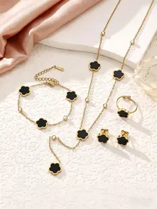 4Pcs Gold Plated Black Clover CZ Jewelry Set, Dainty Enamel Quatrefoil Necklace Bracelet Earrings Ring Combo, Fashion Jewelry Gift for Her