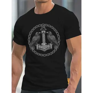 [Viking Tee] Olive Green  Men's Graphic T-Shirt | Norse-Inspired Casual Crew Neck Short Sleeve Summer Tee with Viking Raven Design, Machine Washable, PLUS SIZE