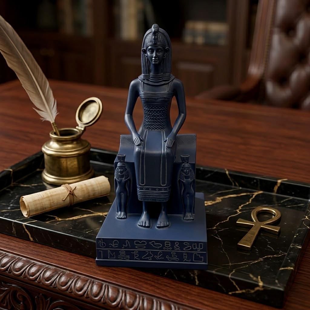 Ancient Egyptian Goddess Isis Seated on Throne Statue - Black Resin Nefertari Queen Sculpture with Hieroglyphic Base | Divine Feminine Home Decor, Spiritual Altar Figurine | Large Mythological Collectible Art Gift