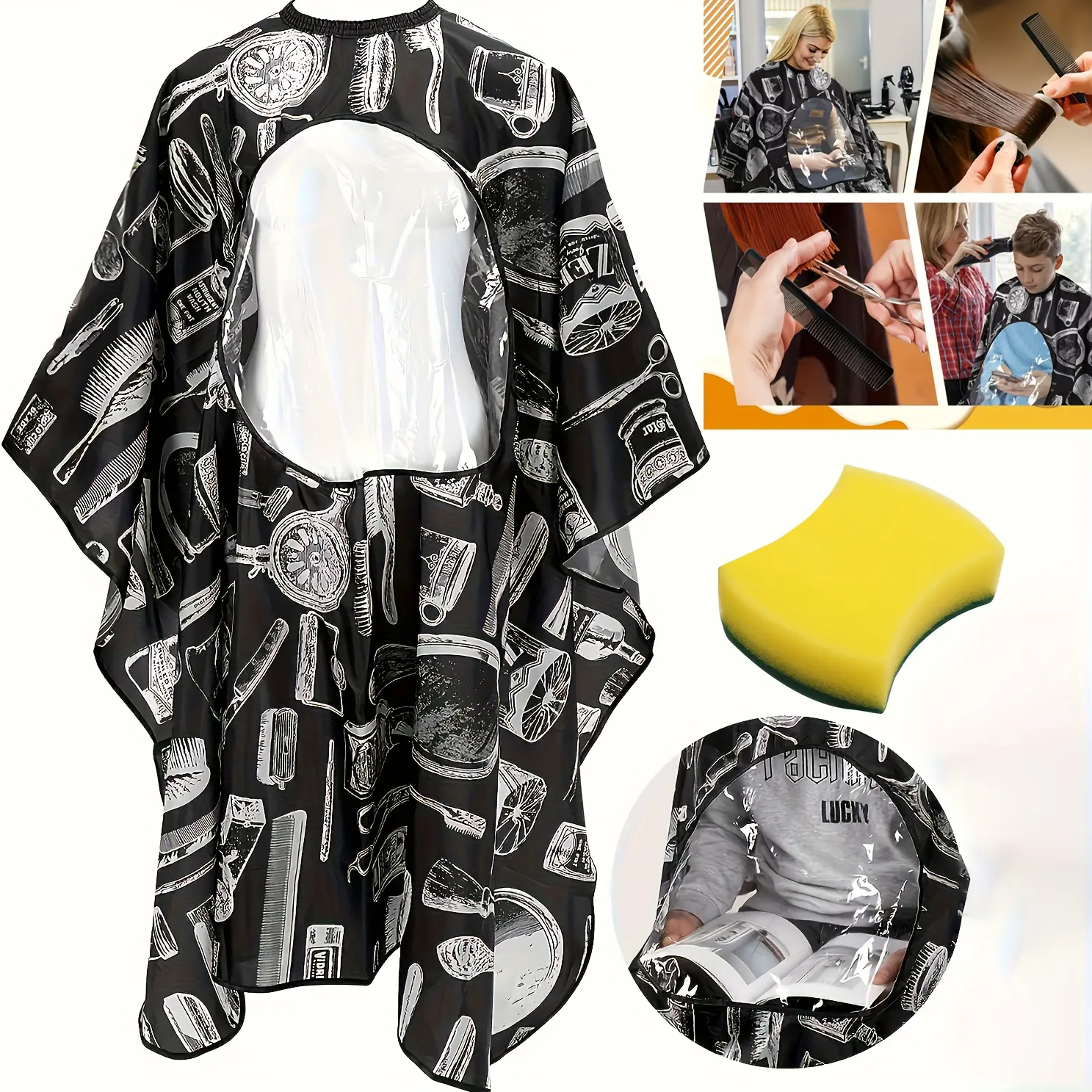 Salon-grade hairdressing cape + neck dusting brush set, super-large hairdressing cape with a see-through window, waterproof, salon-grade cape with an adjustable elastic collar, Hair Styling Tools, Salon Supplies