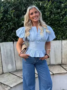 Women Light Blue Puff Sleeve Peplum Blouse Front Button Detail Pleated Chest Elastic Waist, Ruffled Hem, Soft Breathable Fabric Coquette Aesthetic Flattering Slimming Fit Casual Daily Wear Office Casual Blouse