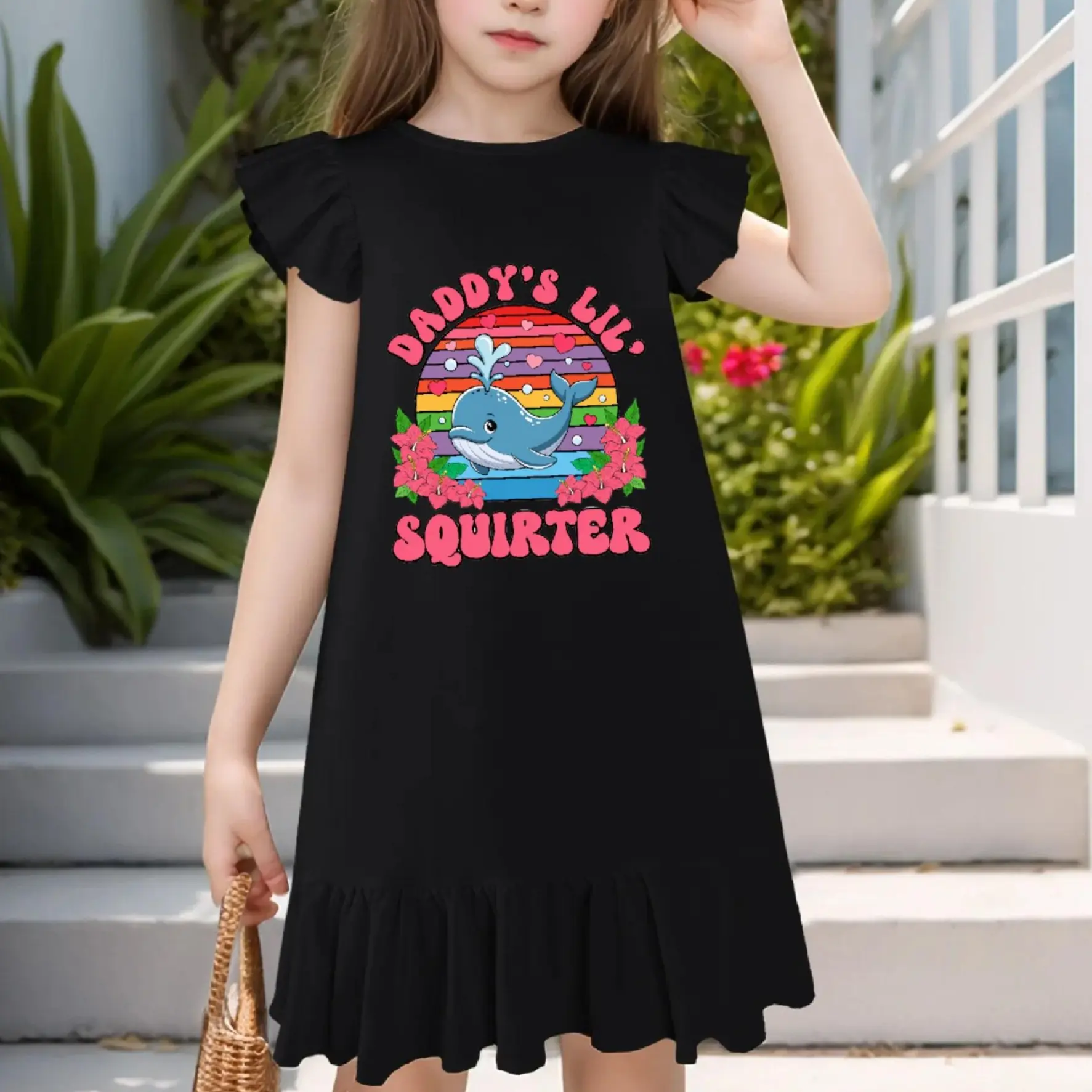Little Girls' Ruffled A-Line Dress - Flutter Sleeves, Daddy's Lil' Squirter Whale Print, Black, Knee-Length, Polyester Blend, All-Seasons Daily Wear, Playful Vibe, Ruffled Dress, A-Line Cut