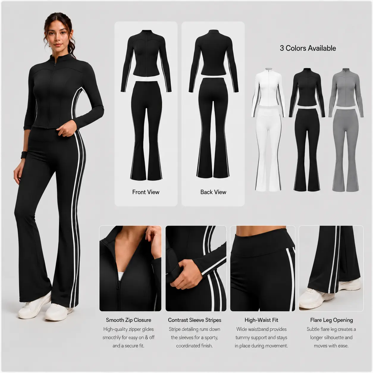Women's 2-Piece Sports Tracksuit Set, Black Long-Sleeve Top & Flared Pants, Comfortable Stylish Outdoor Activewear