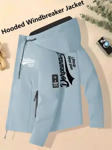 Women's Hooded Windbreaker Jacket Light Blue Dorfkind German Village Slogan Print Windproof Waterproof Breathable Relaxed Loose Fit Skin-Friendly Versatile Outerwear for Casual Style Fans Perfect for Commuting Hiking & Outings