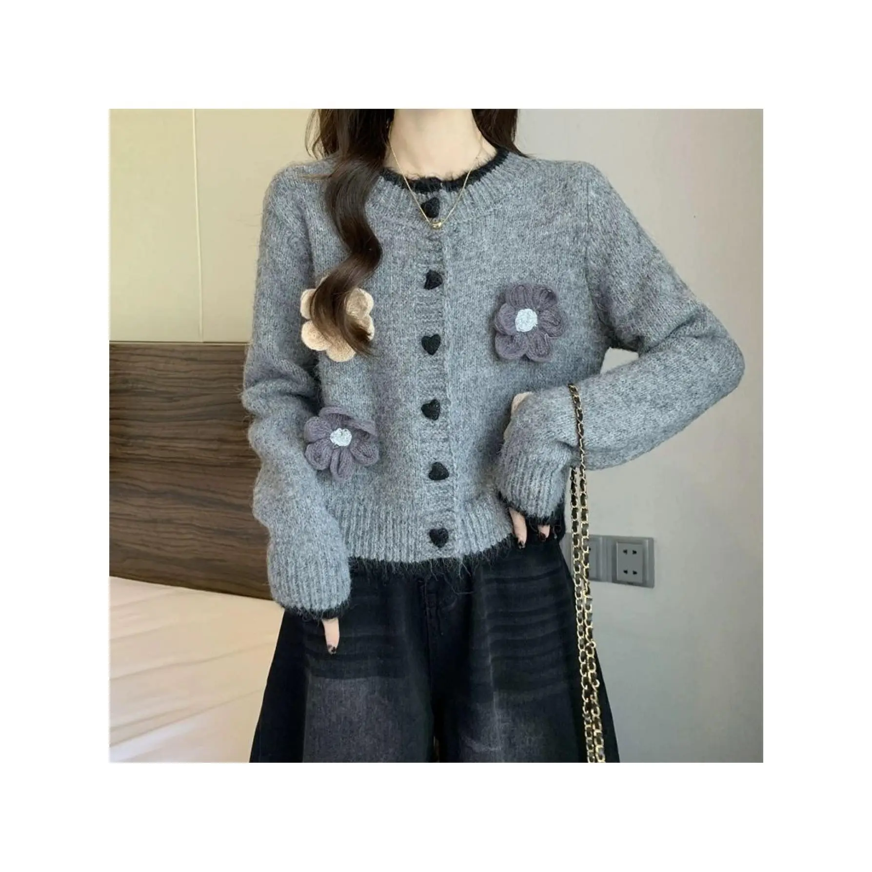 Women's French Style Knit Cardigan, Casual Solid Crew Neck Sweater, Short Petite Polyester Knitwear for Fall, Fabric, Tops
