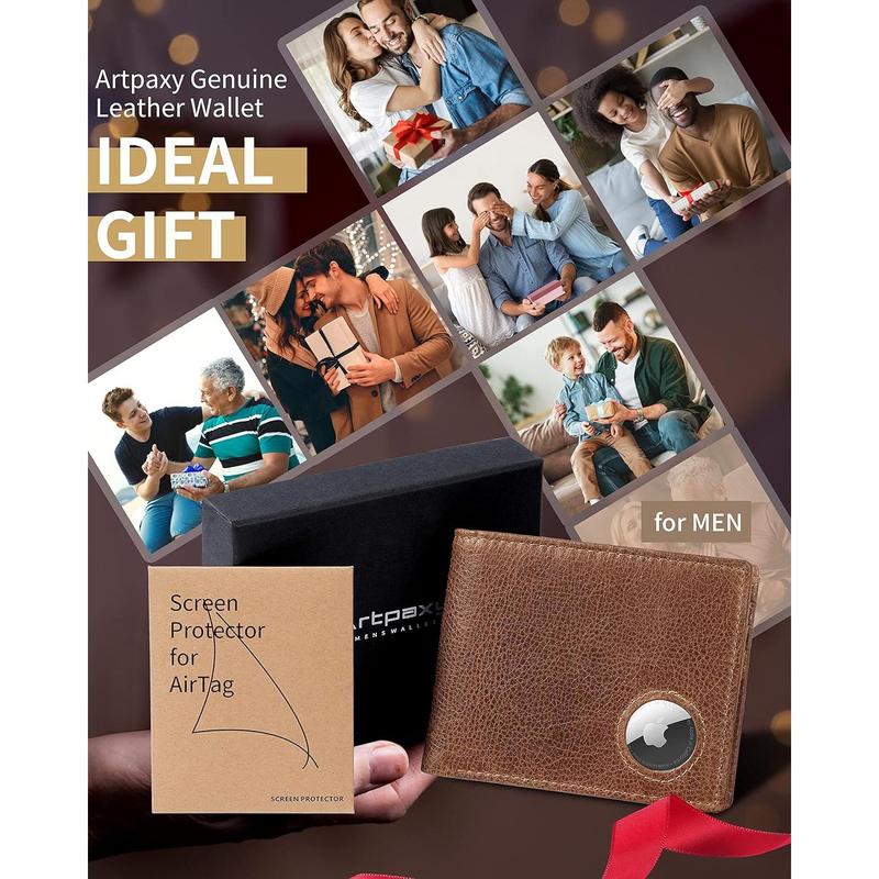 Mens Wallet With AirTag Holder, Bifold Leather RFID Blocking 1-2 ID Windows 12-13 Card Holders, Gift Box and Screen Protector Included, AirTag Not Included