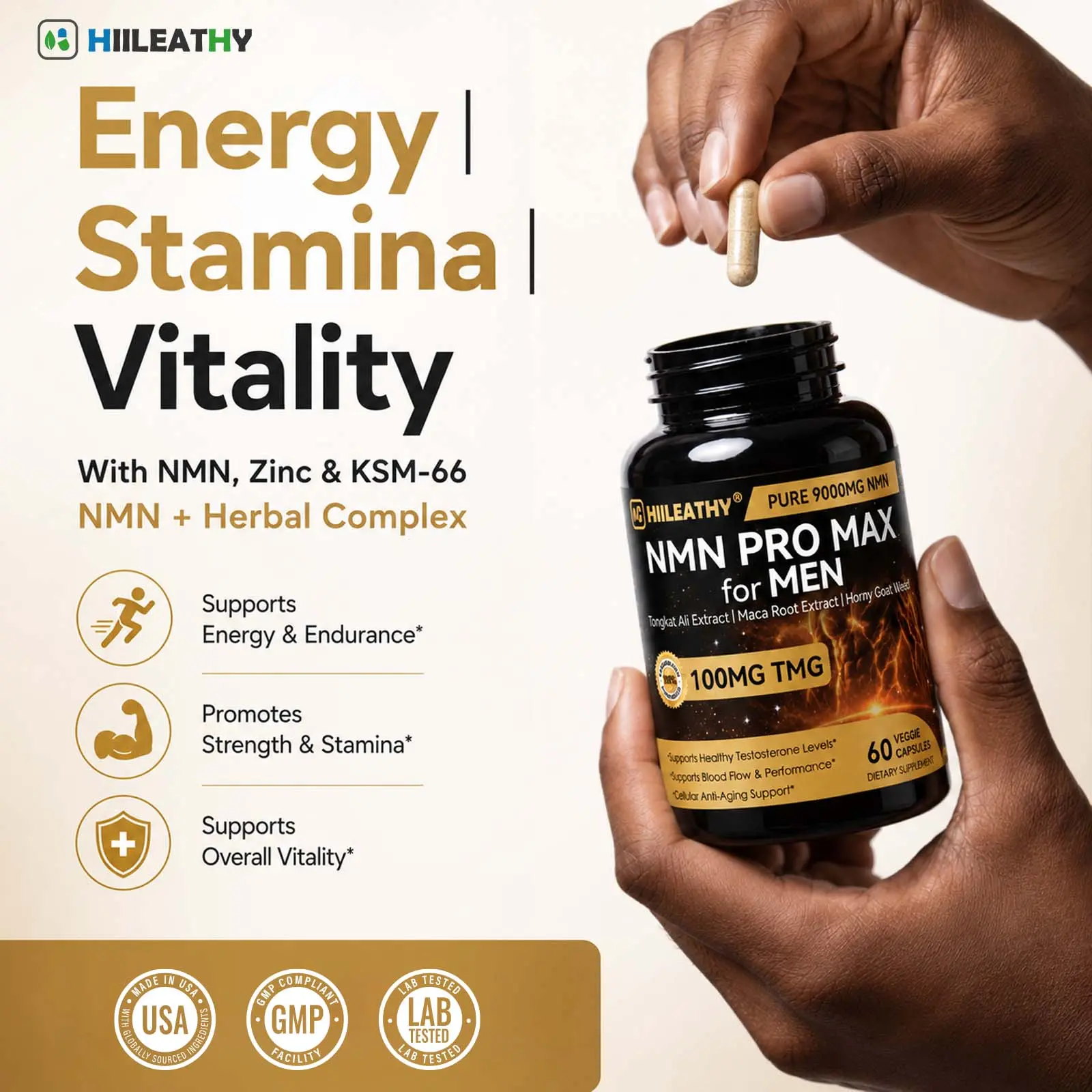 【Creator Exclusive】 HIILEATHY NMN Pro Max Dietary Supplement, NMN 300mg TMG 100mg, Energy Metabolism & Antioxidant Support, 60 Veggie Capsules