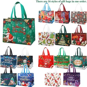 16/32PCS Christmas Gift Bags With Assorted Patterns. Reusable Non - Woven, Handle - Equipped. Ideal For New Year & Christmas Decor, Perfect For Holiday Gifting.Box Packs heavy-duty storage tote foldable shopping tote Water-Resistant market trip