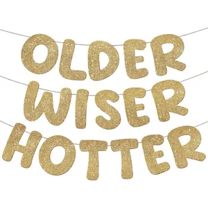 Set of 3 Pre Strung Older Wiser Hotter Glitter Banner Funny Birthday Banner for Women 30th 40th 50th 60th 70th 80th Birthday Party Decorations Sign Gift(Champaign Gold)