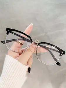 Vintage Half Frame Flat Lens Glasses, Trendy Casual Anti-Blue Light Eyewear, Unisex All Season Fashion Accessories, Trendy Casual Frames