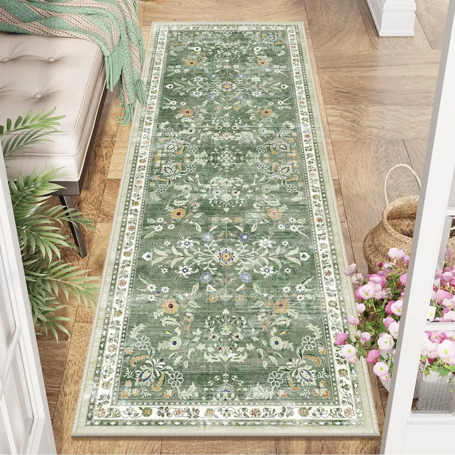 LOKHOM Vintage Non-Slip Floor Runner Rug Soft Farmhouse Medallion Rug Washable Easy to Clean Rugs for Hallway Kitchen Bedroom Entryway Laundry Room 0.4-inch Thick Premium Faux Wool Ultra Soft Resilient Against Wear and Tear Stain-Resistant