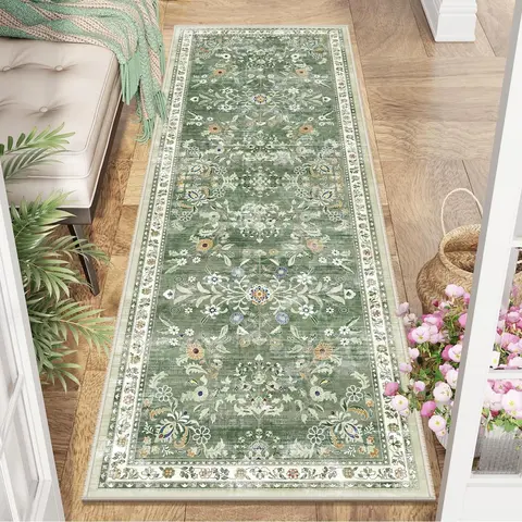 LOKHOM Vintage Non-Slip Floor Runner Rug Soft Farmhouse Medallion Rug Washable Easy to Clean Rugs for Hallway Kitchen Bedroom Entryway Laundry Room 0.4-inch Thick Premium Faux Wool Ultra Soft Resilient Against Wear and Tear Stain-Resistant
