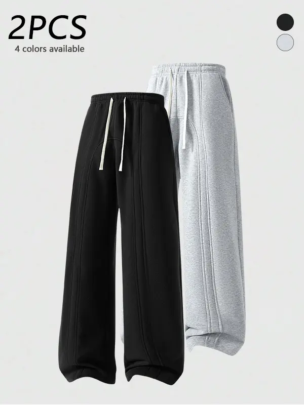 2-pack men’s straight sweatpants with multiple vertical stripes and curved paneling, drawstring elastic waistband, trendy versatile casual straight pants, skin-friendly comfortable fabric