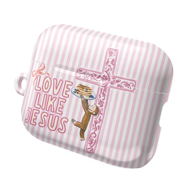 Coquette Curious George “Love Like Jesus” AirPods Case – Cute Christian Faith Cover – AirPods Pro/Pro 2, AirPods 1/2/3/4 Case– Inspirational Gift for Her & Him