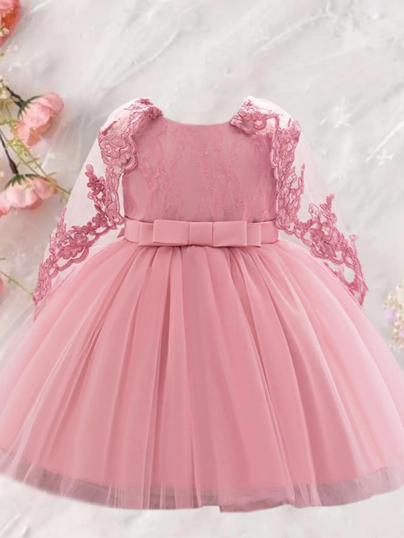 Toddler Girl's Floral Embroidery Bow Decor Mesh Dress, Elegant Zipper Dress for Party Wedding Guest, Kids Clothes for All Seasons