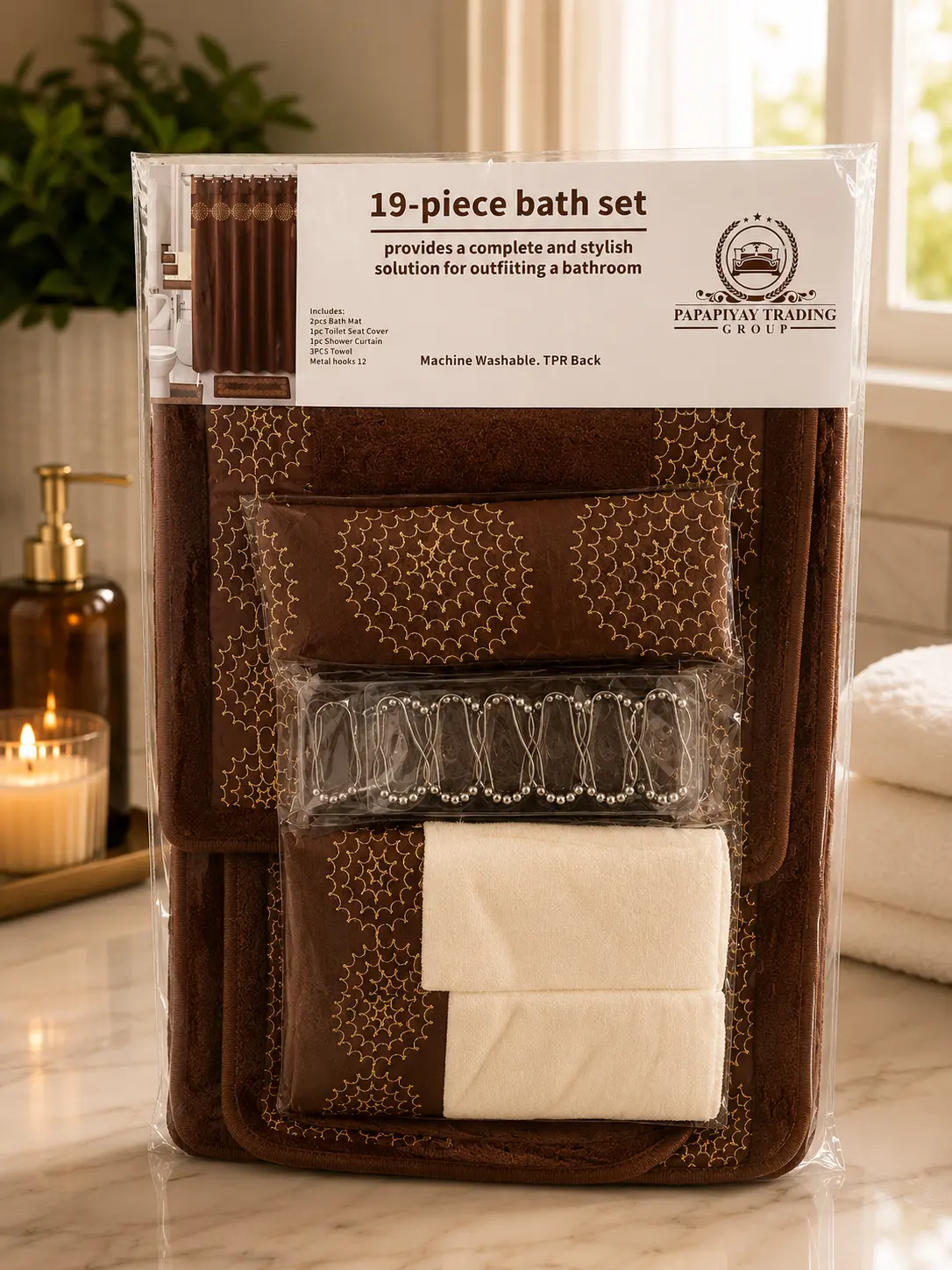 Luxury 19-Piece Bathroom Set Includes 2 Bath Mats Toilet Seat Cover Shower Curtain 3 Towels 12 Hooks Complete Ensemble for Coordinated Look Decorative Versatile Design