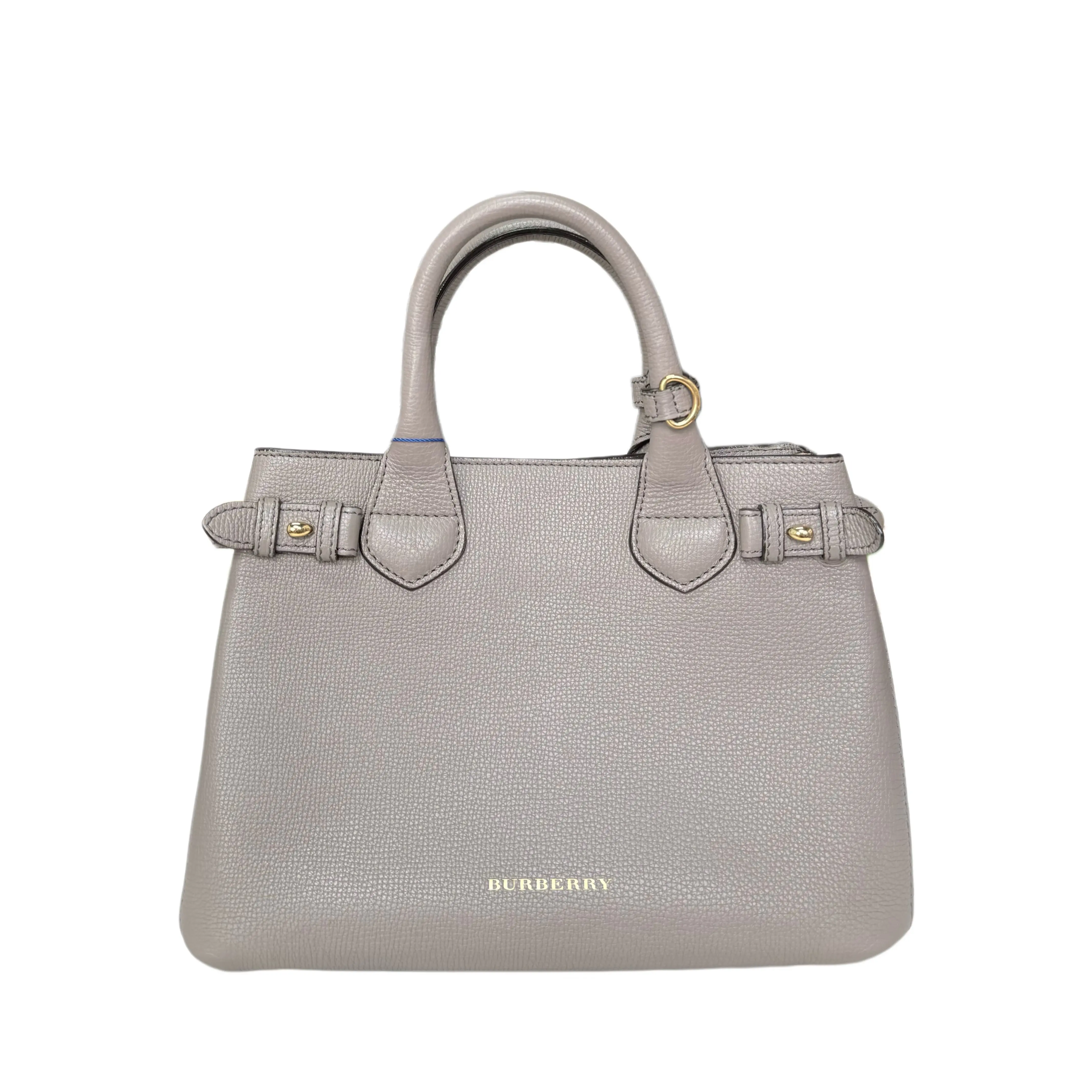 Pre-owned BURBERRY . Tote Bags Small Banner Tote Bag Light Grey Pebbled Grain Leather Gold Embossed Letter Logo Double Top Handle Detachable Crossbody Strap